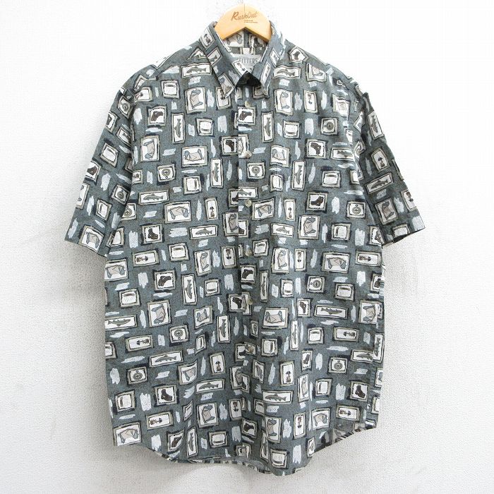 L★古着 半袖 シャツ メンズ 魚 ブーツ ランプ コットン ボタンダウン 緑系他 グリーン 25may09 中古 トップス