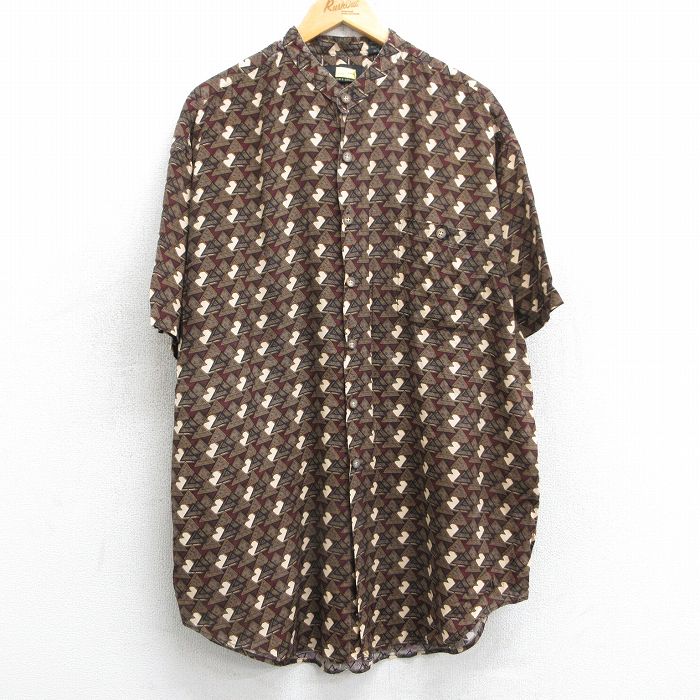 XL★古着 半袖 シャツ メンズ 00年代 00s 総柄 ロング丈 レーヨン ノーカラー 茶他 ブラウン 25may09 中古 トップス