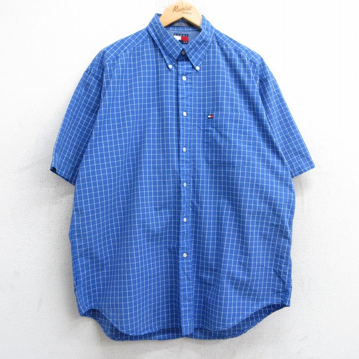 【50%OFF】XL★古着 トミーヒルフィガー TOMMY HILFIGER 半袖 ブランド シャツ メンズ 90年代 90s ワンポイントロゴ コットン ボタンダウン 青他 ブルー チェック 25may09 中古 トップス