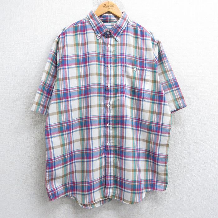 XL★古着 半袖 シャツ メンズ 90年代 90s 大きいサイズ ボタンダウン 白他 ホワイト チェック 25may09 中古 トップス