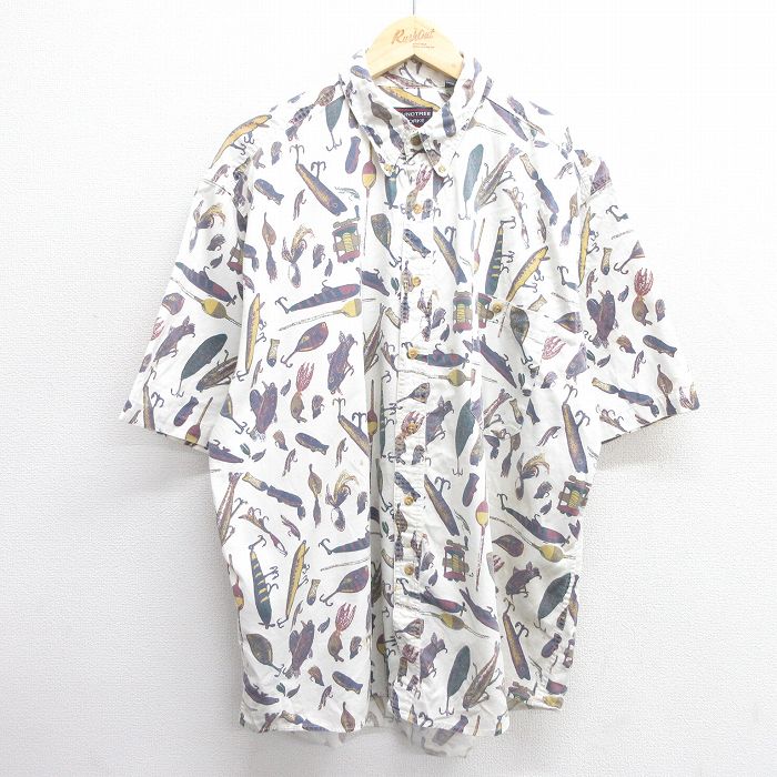 XL★古着 半袖 シャツ メンズ 00年代 00s ルアー 大きいサイズ コットン ボタンダウン 白他 ホワイト 25may09 中古 トップス