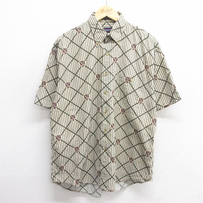 XL★古着 半袖 シャツ メンズ 90年代 90s ゴルフ コットン ボタンダウン 濃緑他 グリーン ストライプ 25may09 中古 トップス