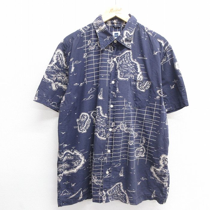 XL★古着 ギャップ GAP 半袖 シャツ メンズ 海 島 紺他 ネイビー 25may09 中古 トップス