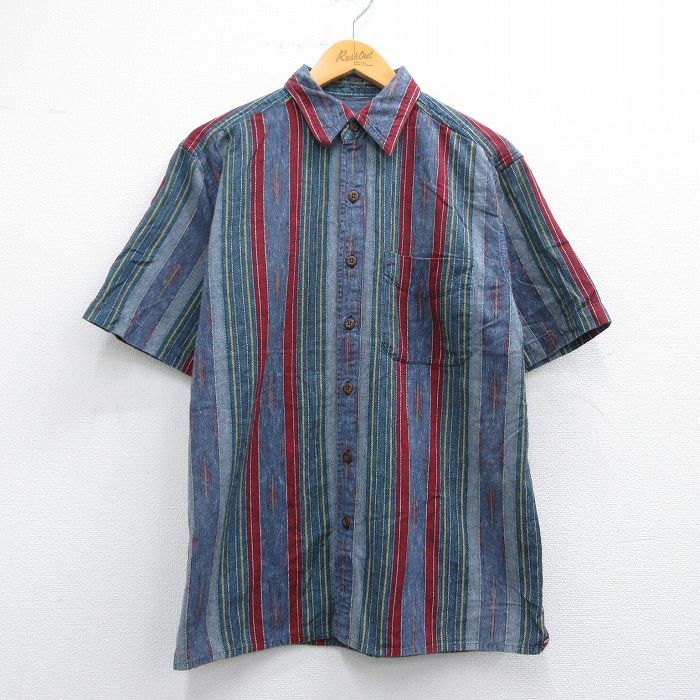 M★古着 半袖 シャツ メンズ 90年代 90s ネイティブ柄 ラグ柄 コットン 紺他 ネイビー ストライプ 25may09 中古 トップス