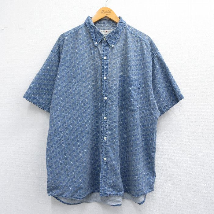 XL★古着 FADED GLORY 半袖 シャツ メンズ 総柄 大きいサイズ ロング丈 ボタンダウン 紺他 ネイビー 25may09 中古 トップス