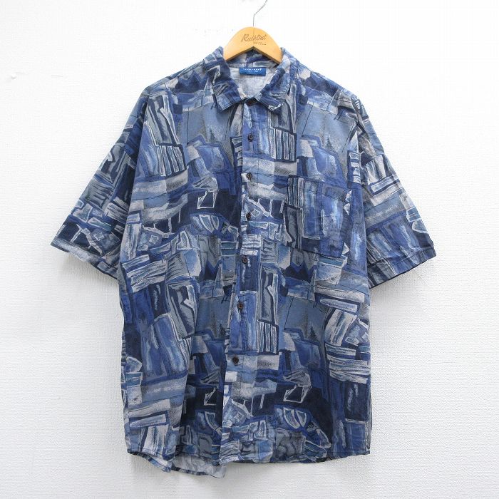 XL★古着 タウンクラフト 半袖 シャツ メンズ 90年代 90s 総柄 大きいサイズ レーヨン USA製 紺他 ネイビー 25may09 中古 トップス