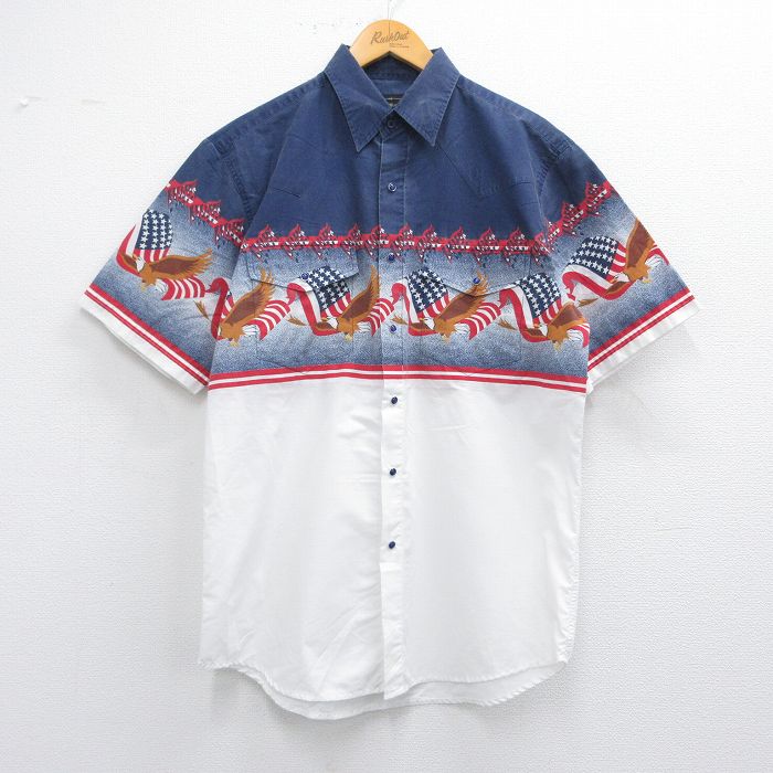 L★古着 半袖 ウエスタン シャツ メンズ 鳥 星条旗 ロング丈 紺他 ネイビー 25may09 中古 トップス