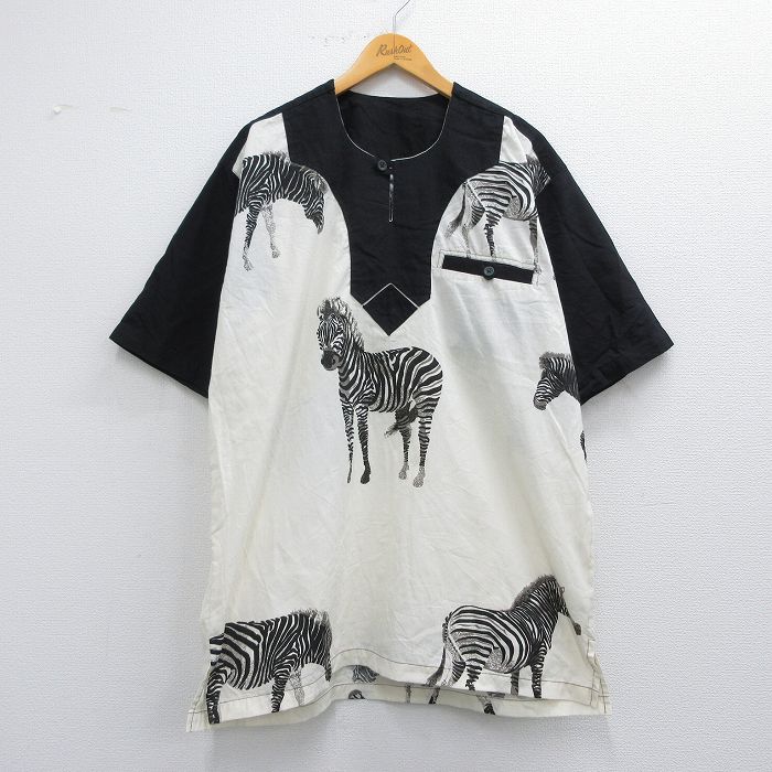 【50%OFF】XL★古着 半袖 トップス メンズ シマウマ ロング丈 黒他 ブラック 【spe】 25may09 中古