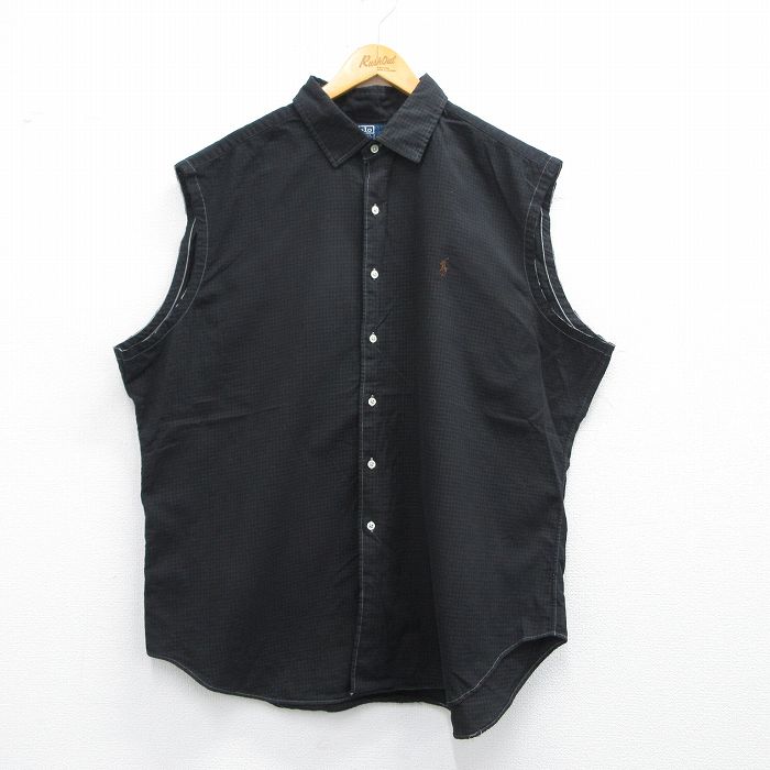 XL★古着 ラルフローレン Ralph Lauren ノースリーブ ブランド シャツ メンズ 90年代 90s ワンポイントロゴ 大きいサイズ ロング丈 コットン 黒系 ブラック チェック 25may09 中古 トップス