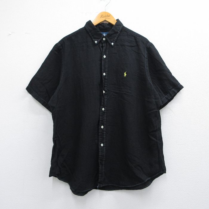 XL★古着 ラルフローレン Ralph Lauren 半袖 ブランド シャツ メンズ 90年代 90s ワンポイントロゴ 大きいサイズ リネン ボタンダウン 黒 ブラック 25may09 中古 トップス