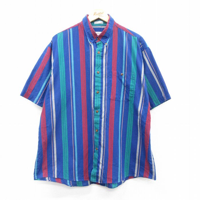 XL★古着 マンハッタン 半袖 シャツ メンズ 90年代 90s 大きいサイズ ボタンダウン 紺他 ネイビー ストライプ 【spe】 25may09 中古 トップス