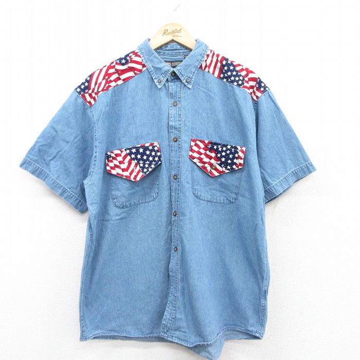 XL★古着 FADED GLORY 半袖 ウエスタン シャツ メンズ 星条旗 大きいサイズ コットン 紺 ネイビー デニム他 25may09 中古 トップス
