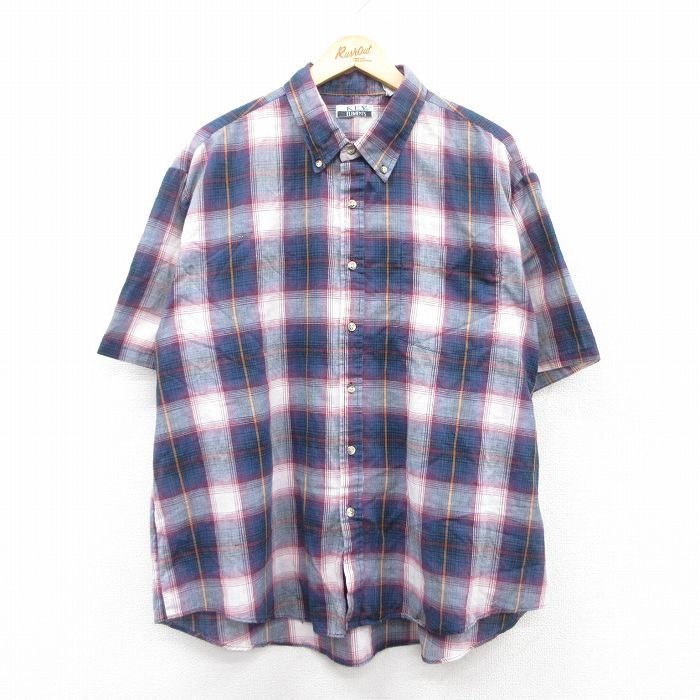 XL★古着 キー KEY 半袖 シャツ メンズ 90年代 90s 大きいサイズ ボタンダウン 紺他 ネイビー チェック 25may09 中古 トップス
