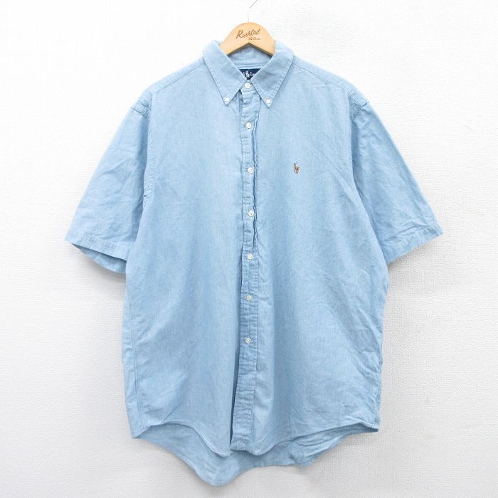 XL★古着 ラルフローレン Ralph Lauren 半袖 ブランド シャツ メンズ 90年代 90s ワンポイントロゴ オックスフォード 大きいサイズ コットン ボタンダウン 薄紺 ネイビー 【spe】 25may10 中古 トップス