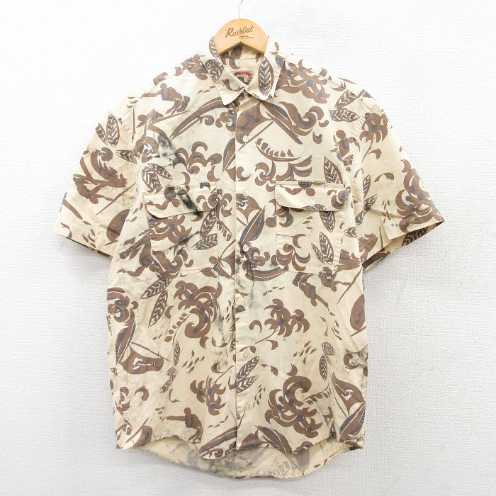 L★古着 バナナリパブリック BANANA REPUBLIC 半袖 ブランド シャツ メンズ 80年代 80s 葉 総柄 コットン ベージュ他 カーキ 【spe】 25may10 中古 トップス