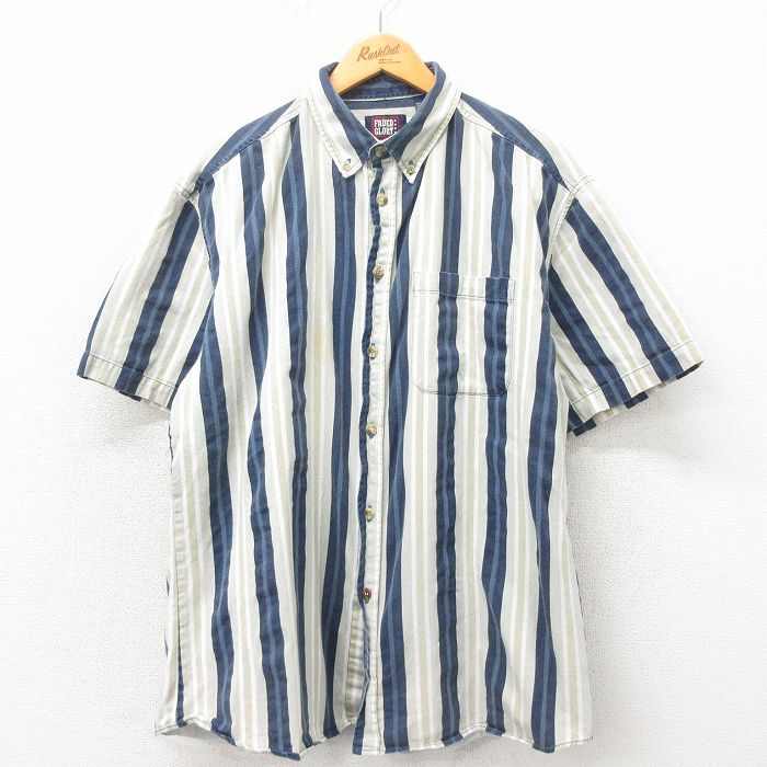 XL★古着 FADED GLORY 半袖 シャツ メンズ 00年代 00s コットン ボタンダウン 薄ベージュ他 カーキ ストライプ 25may12 中古 トップス