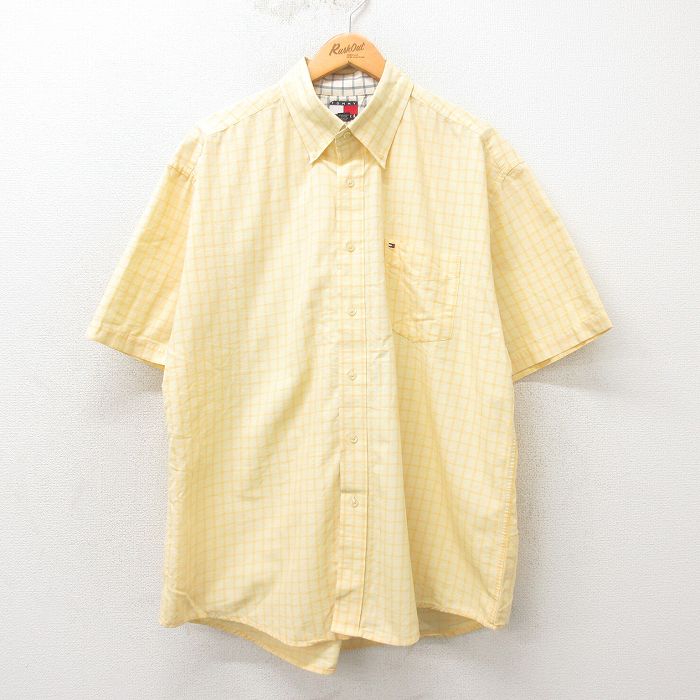 XL★古着 トミーヒルフィガー TOMMY HILFIGER 半袖 ブランド シャツ メンズ 90年代 90s ワンポイントロゴ 大きいサイズ コットン ボタンダウン 黄他 イエロー チェック 25may12 中古 トップス