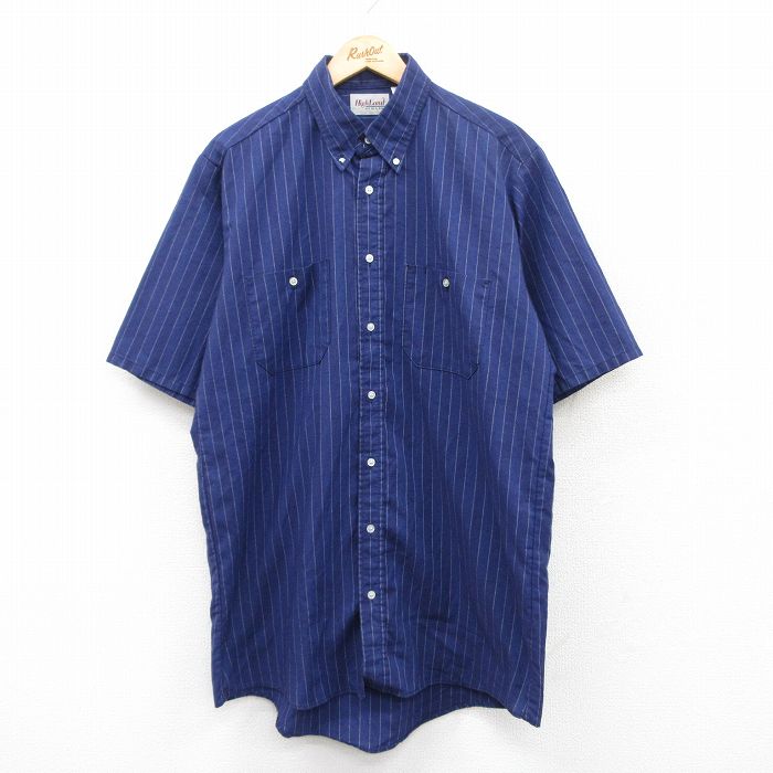 XL★古着 半袖 シャツ メンズ ロング丈 ボタンダウン 紺他 ネイビー ストライプ 25may13 中古 トップス
