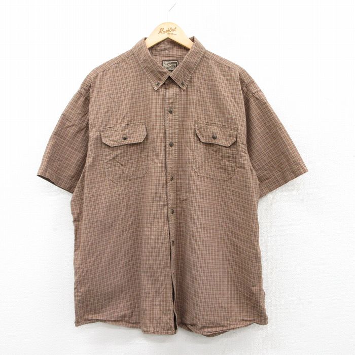 XL★古着 半袖 シャツ メンズ 大きいサイズ コットン ボタンダウン 茶他 ブラウン チェック 25may13 中古 トップス