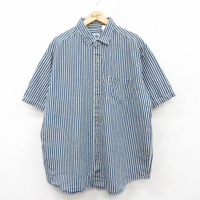 XL★古着 ベーシックエディションズ 半袖 シャツ メンズ 90年代 90s 大きいサイズ ロング丈 コットン 紺他 ネイビー ストライプ 25may13 中古 トップス