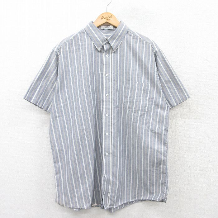 XL★古着 半袖 シャツ メンズ 90年代 90s ロング丈 ボタンダウン USA製 薄紺他 ネイビー ストライプ 25may13 中古 トップス