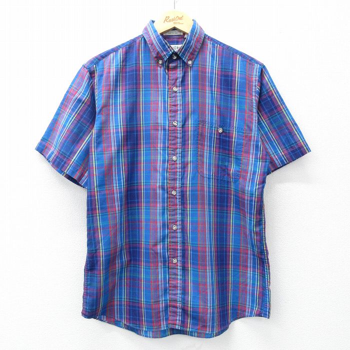 【50%OFF】M★古着 半袖 シャツ メンズ 90年代 90s ボーダー紺他 ネイビー チェック 25may15 中古 トップス
