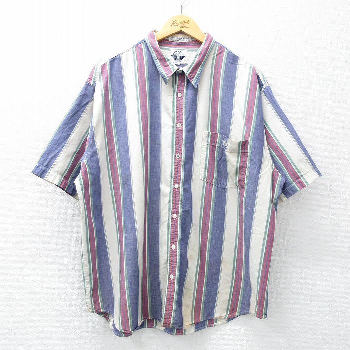 XL★古着 ドッカーズ 半袖 シャツ メンズ 90年代 90s ワンポイントロゴ 大きいサイズ コットン 紺他 ネイビー ストライプ 25may15 中古 トップス