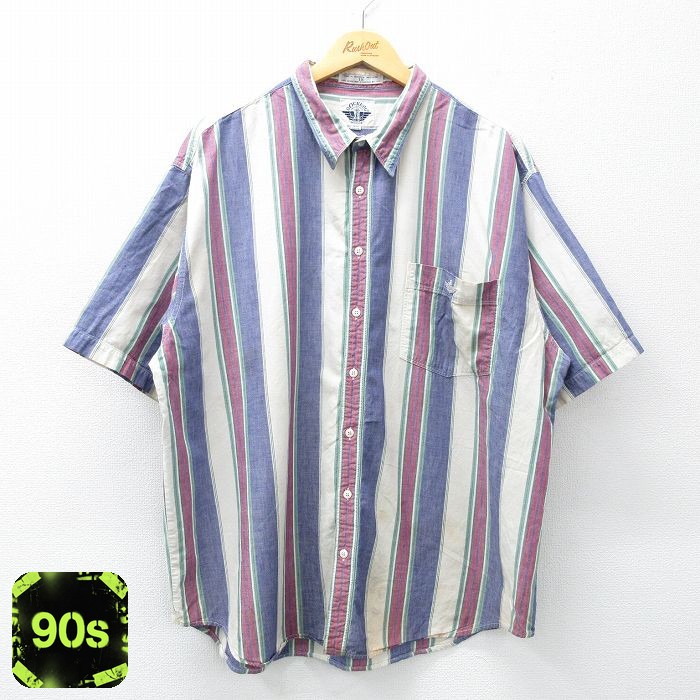 【50%OFF】ドッカーズ 90s 半袖シャツ ワンポイントロゴ ネイビーストライプ XL | 古着