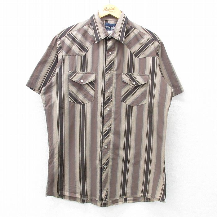 XL★古着 ラングラー Wrangler 半袖 ウエスタン シャツ メンズ ロング丈 茶他 ブラウン ストライプ 25may15 中古 トップス