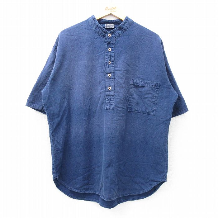 XL★古着 半袖 シャツ メンズ 90年代 90s 大きいサイズ コットン ノーカラー USA製 紺 ネイビー 25may15 中古 トップス