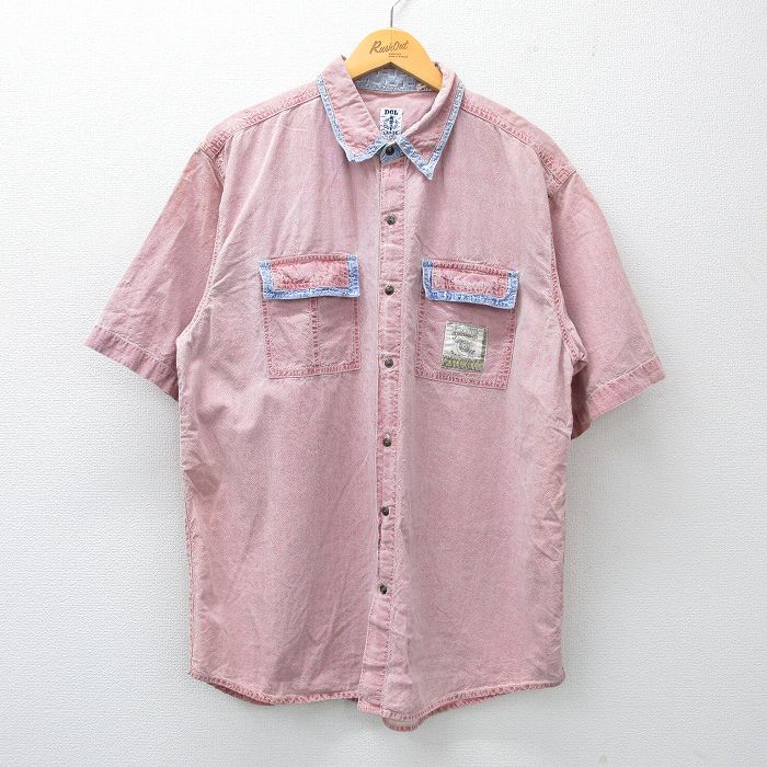 XL★古着 半袖 シャツ メンズ 90年代 90s ロング丈 コットン ピンク系 霜降り他 25may15 中古 トップス