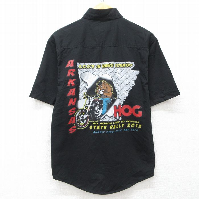 M★古着 半袖 シャツ メンズ ARKANSAS HOG バイク ボタンダウン 黒 ブラック 25may14 中古 トップス