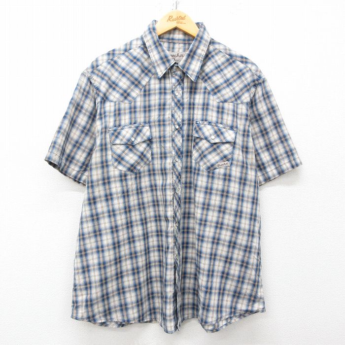 XL★古着 ラングラー Wrangler 半袖 ウエスタン シャツ メンズ 大きいサイズ 紺他 ネイビー チェック 25may14 中古 トップス