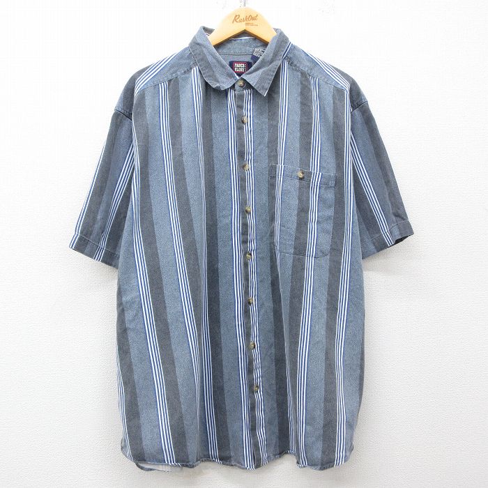 XL★古着 FADED GLORY 半袖 シャツ メンズ 大きいサイズ コットン 濃グレー他 ストライプ 25may14 中古 トップス
