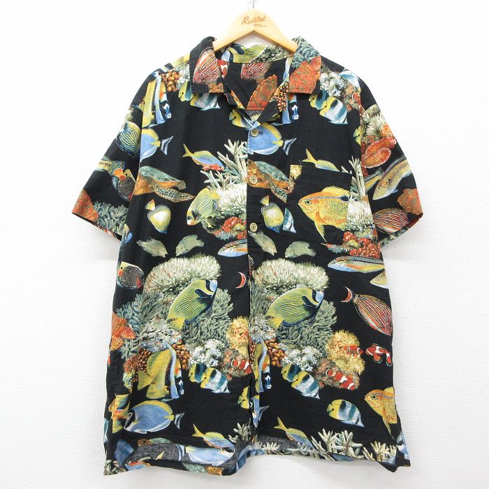 XL★古着 半袖 シャツ メンズ 魚 大きいサイズ ロング丈 開襟 オープンカラー 黒他 ブラック 【spe】 25may14 中古 トップス