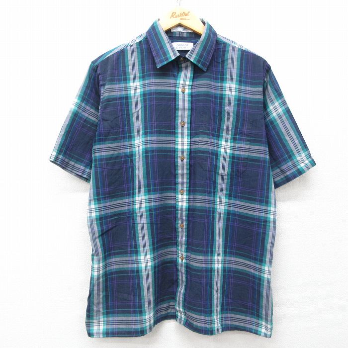 L★古着 アロー 半袖 シャツ メンズ 90年代 90s 紺他 ネイビー チェック 25may14 中古 トップス
