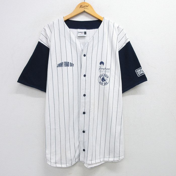 XL★古着 半袖 ベースボール シャツ メンズ MLB ボストンレッドソックス Jimmy Fund スタッフ コットン　白他 ホワイト ストライプ メジャーリーグ 野球 25may15 中古 トップス
