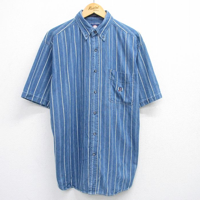 XL★古着 半袖 シャツ メンズ 00年代 00s コットン ボタンダウン 紺他 ネイビー ストライプ 25may15 中古 トップス
