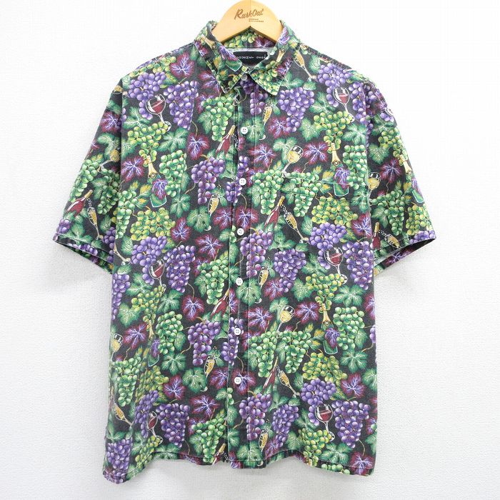 XL★古着 半袖 シャツ メンズ 90年代 90s ブドウ ワイン 大きいサイズ コットン 黒他 ブラック 【spe】 25may15 中古 トップス