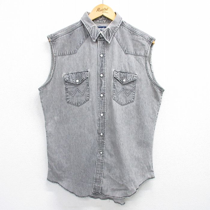 L★古着 ラングラー Wrangler ノースリーブ ウエスタン シャツ メンズ 90年代 90s コットン 濃グレー デニム 25may15 中古 トップス