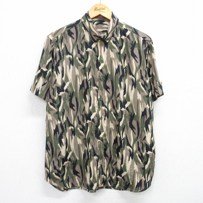 XL★古着 半袖 シャツ メンズ 90年代 90s 緑他 グリーン 迷彩 25may15 中古 トップス