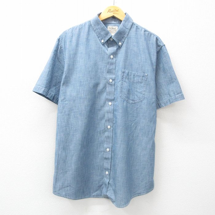 XL★古着 エルエルビーン LLBEAN 半袖 シャツ メンズ 00年代 00s ロング丈 コットン ボタンダウン 薄紺 ネイビー 25may15 中古 トップス