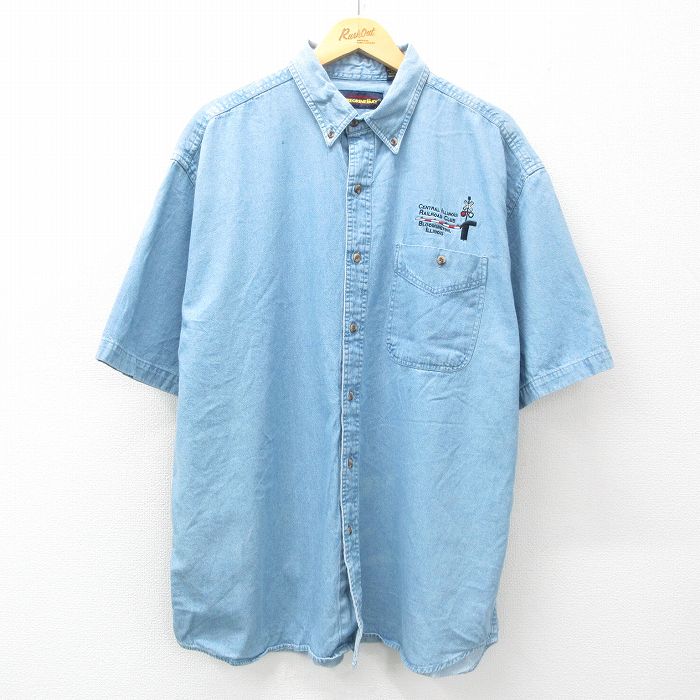 XL★古着 半袖 シャツ メンズ 90年代 90s 踏切 大きいサイズ ロング丈 コットン ボタンダウン 薄紺 ネイビー デニム 25may15 中古 トップス