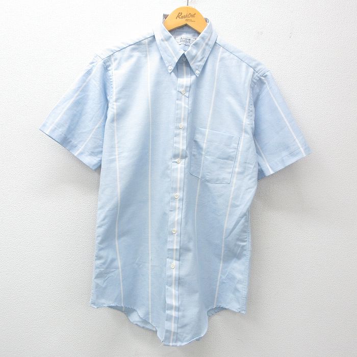 M★古着 アロー 半袖 シャツ メンズ 90年代 90s ロング丈 ボタンダウン USA製 薄紺他 ネイビー ストライプ 25may15 中古 トップス