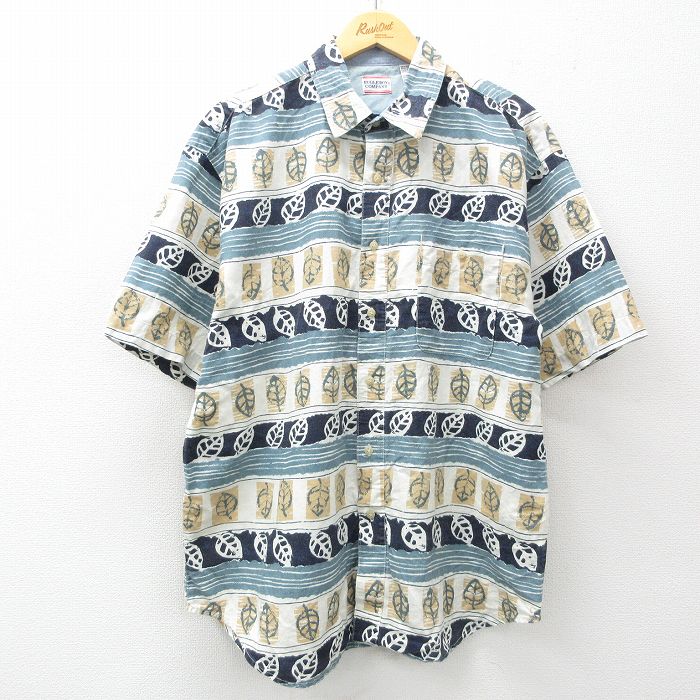 XL★古着 ビューグルボーイ 半袖 シャツ メンズ 90年代 90s 葉 総柄 ロング丈 薄紺他 ネイビー 【spe】 25may15 中古 トップス