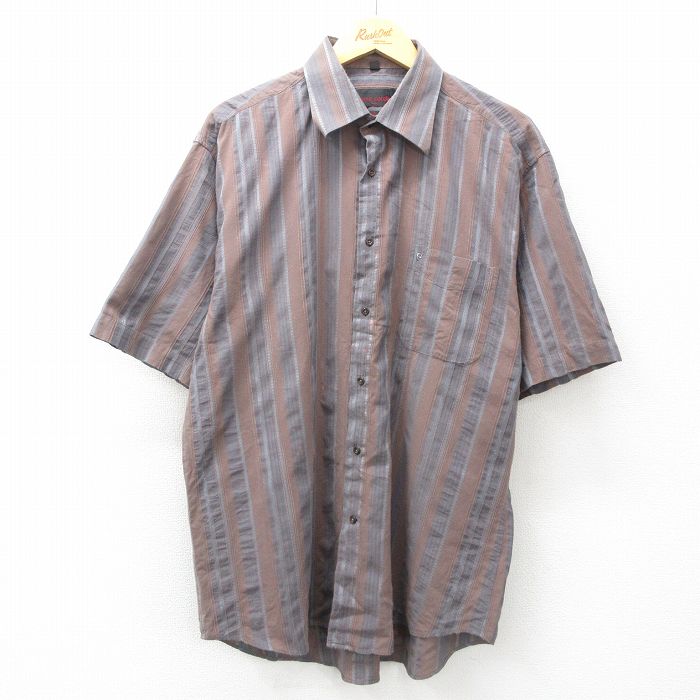 XL★古着 ピエールカルダン pierre cardin 半袖 ブランド シャツ メンズ 90年代 90s ロング丈 茶他 ブラウン ストライプ 25may15 中古 トップス