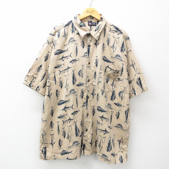 XL★古着 FADED GLORY 半袖 シャツ メンズ 00年代 00s 魚 総柄 大きいサイズ コットン ベージュ他 カーキ 【spe】 25may15 中古 トップス