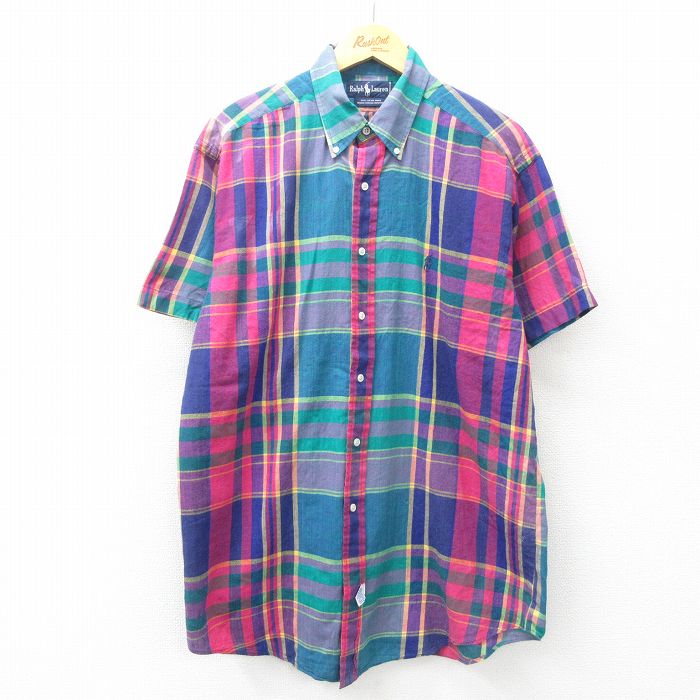 XL★古着 ラルフローレン Ralph Lauren 半袖 ブランド シャツ メンズ 90年代 90s ワンポイントロゴ 大きいサイズ ロング丈 コットン ボタンダウン 緑他 グリーン チェック 25may15 中古 トップス
