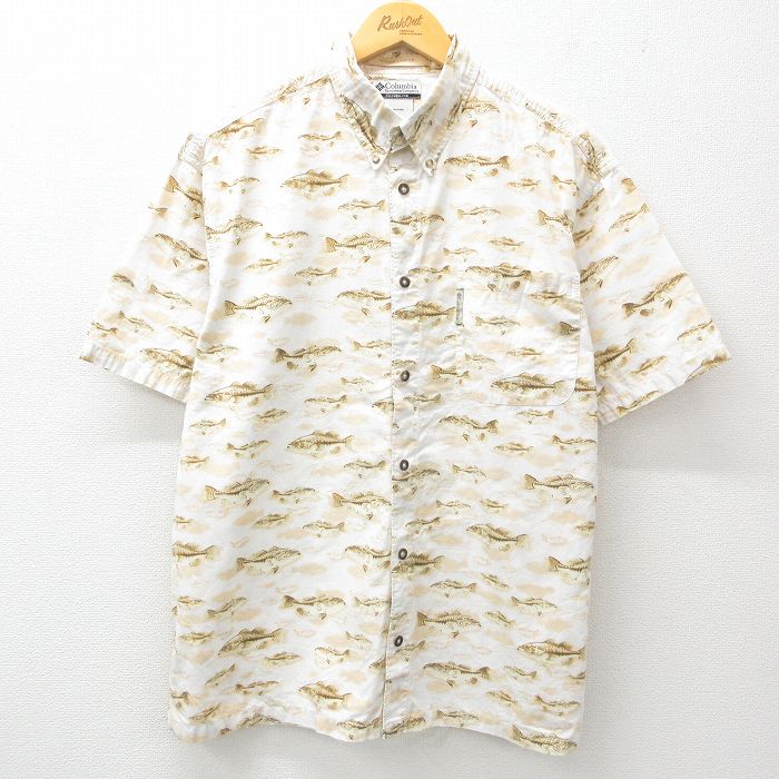 XL★古着 コロンビア COLUMBIA 半袖 シャツ メンズ 00年代 00s 魚 総柄 コットン ボタンダウン 白 ホワイト 25may15 中古 トップス