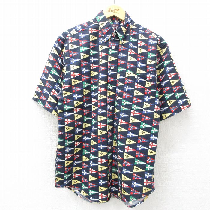 L★古着 半袖 シャツ メンズ 00年代 00s 旗 総柄 コットン ボタンダウン 濃紺 ネイビー 25may15 中古 トップス